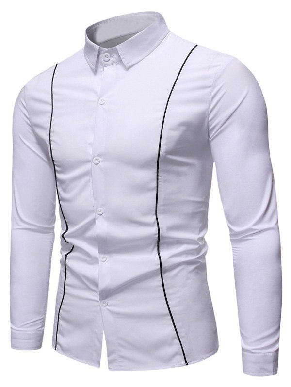

Contrast Piped Trim Button Up Long Sleeve Shirt, White