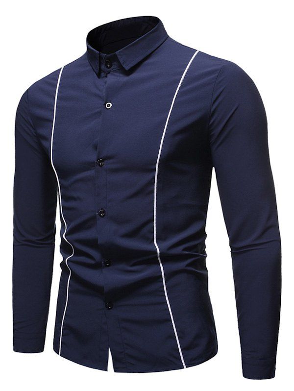 

Contrast Piped Trim Button Up Long Sleeve Shirt, Deep blue