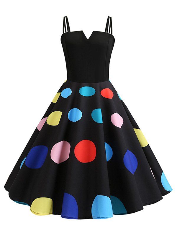 

Polka Dot V Notch Vintage A Line Dress, Black