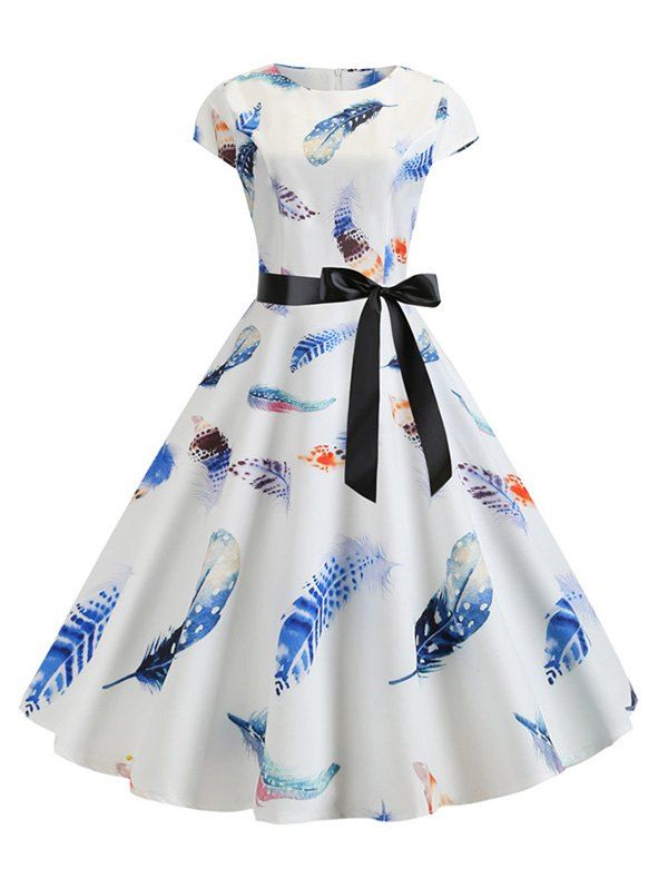 

Feather Print Belted Round Neck A Line Dress, White