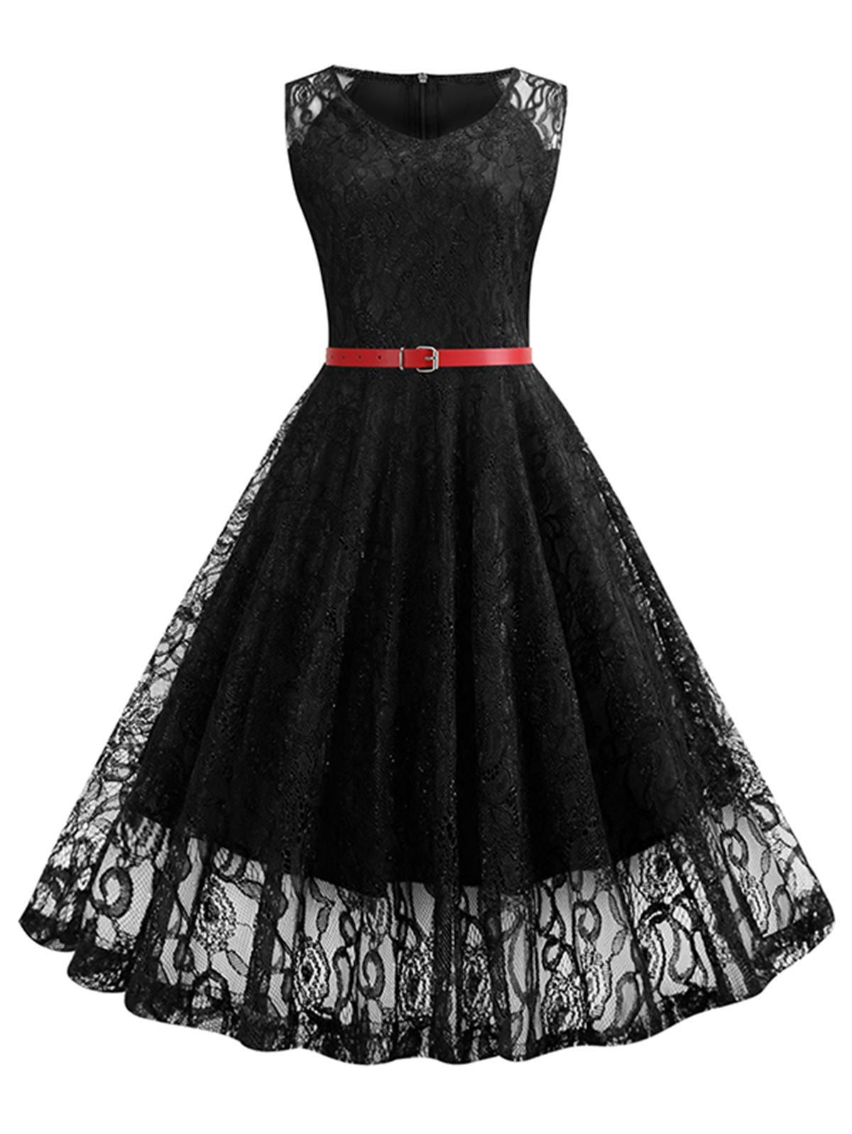 

V Neck Belted Lace A Line Dress, Black