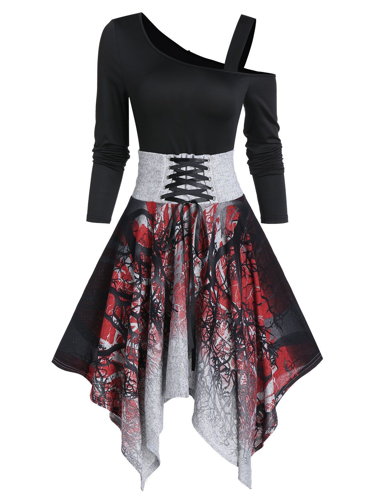 

High Waist Asymmetrical Lace Up Dress, Black