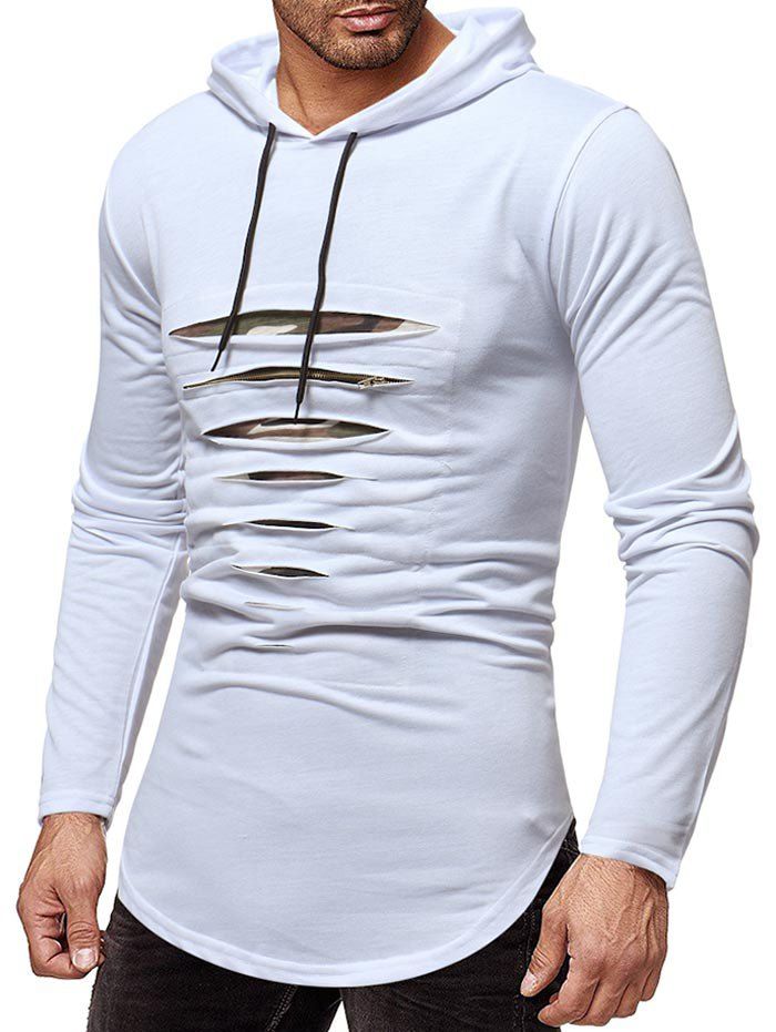 

Ripped Zipper Camouflage Patchwork Curved Hem Hoodie, White