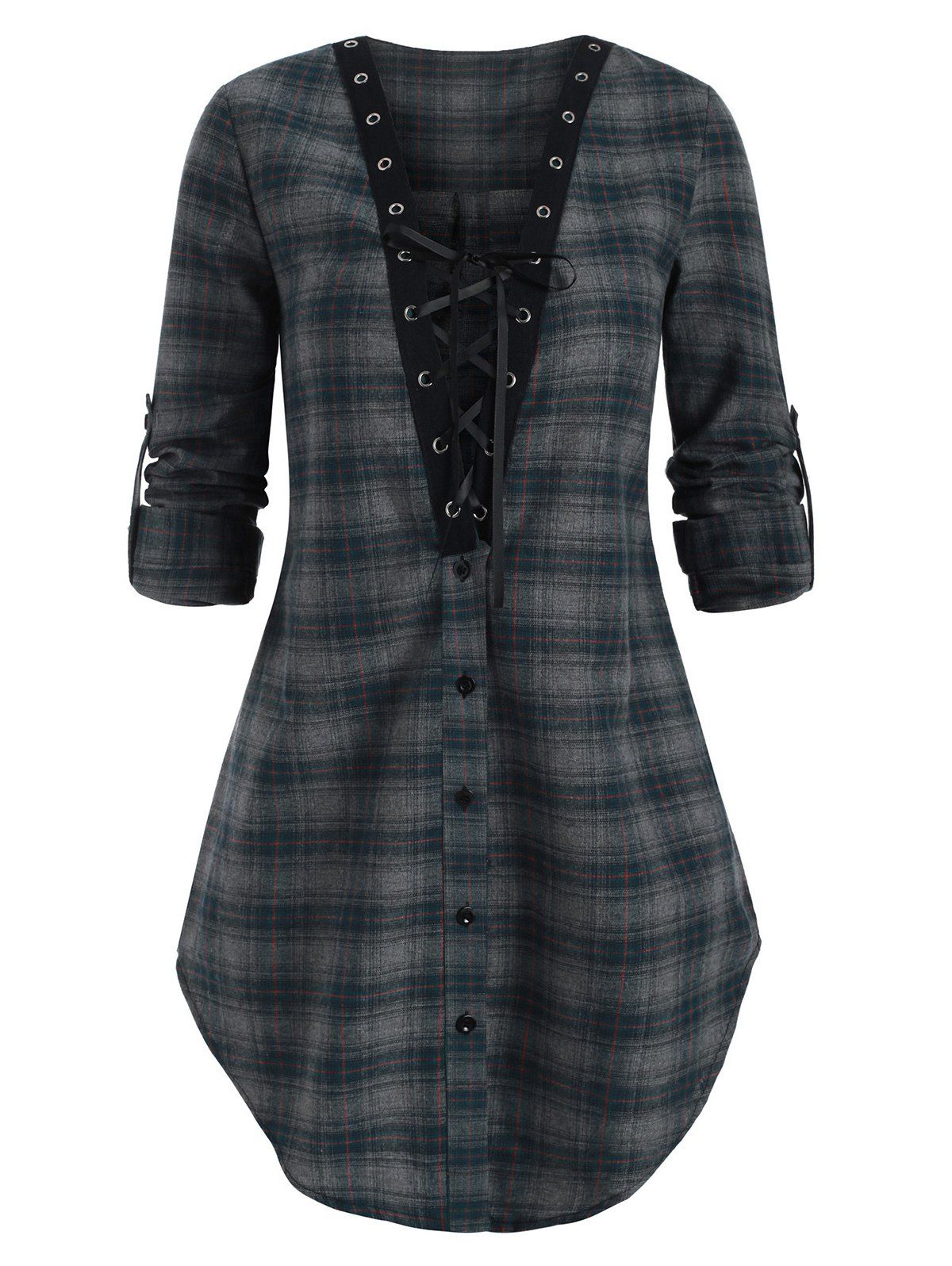 

Plaid Lace Up Slit Blouse, Gray