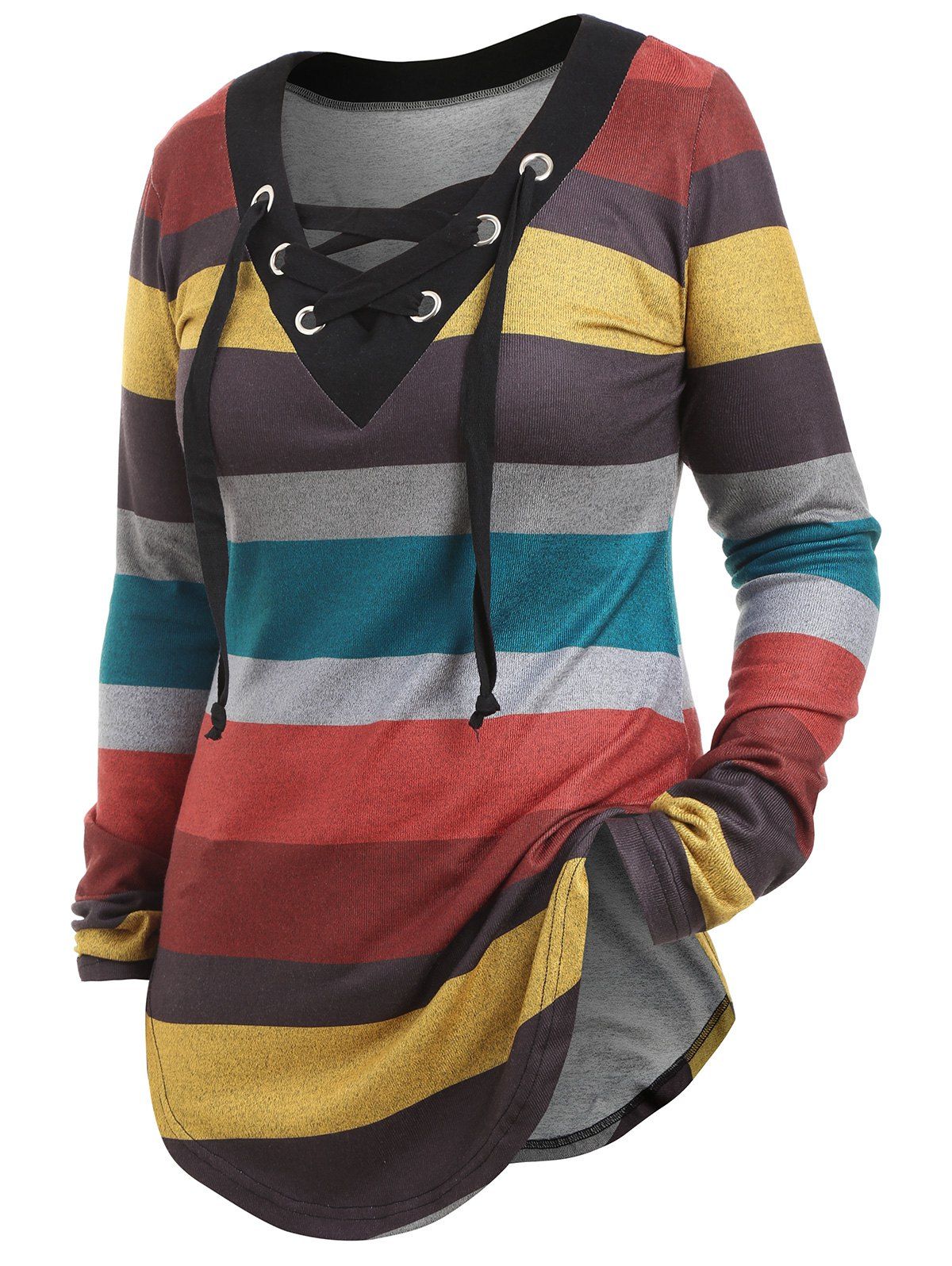 

Colorblock V Neck Lace Up Longline Knitwear, Multi