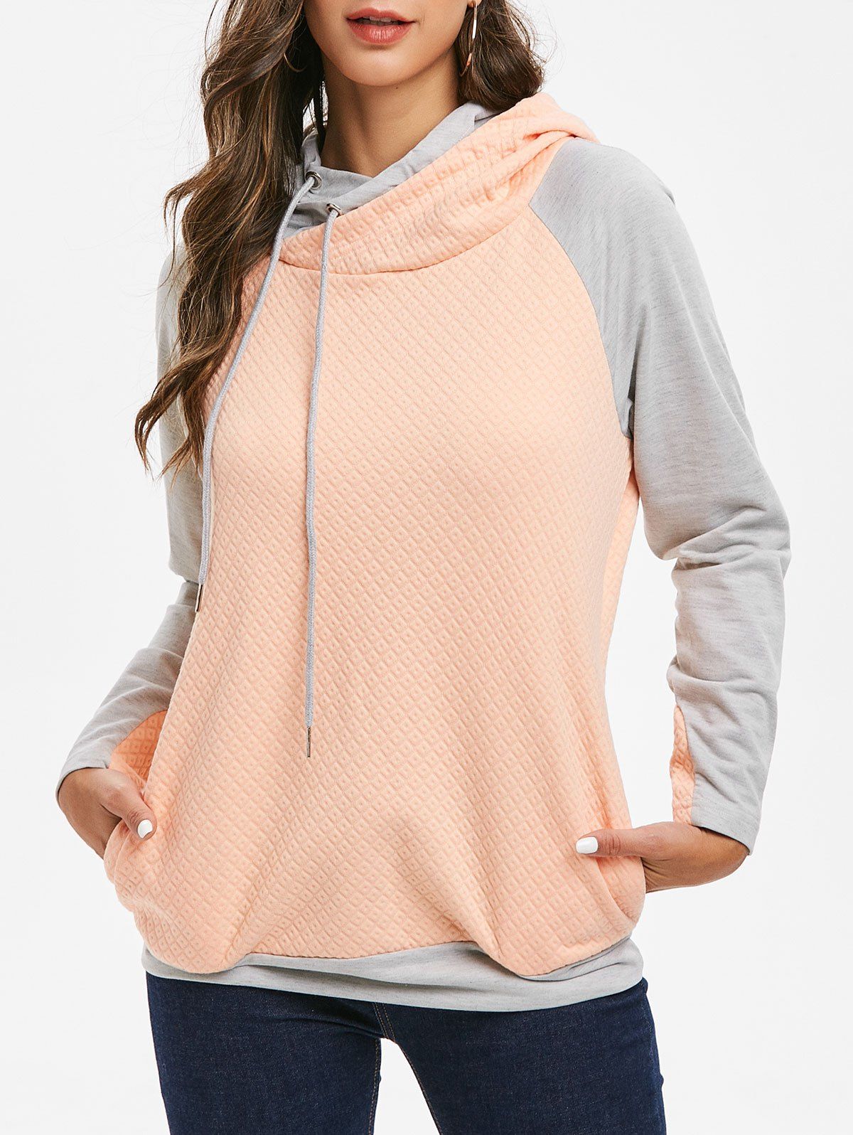 

Zipper Raglan Sleeves Contrast Textured Hoodie, Apricot