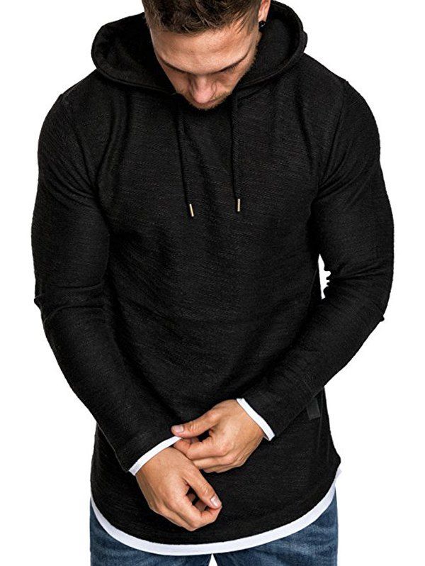 

Contrast Trim Applique Faux Twinset Long Hoodie, Black