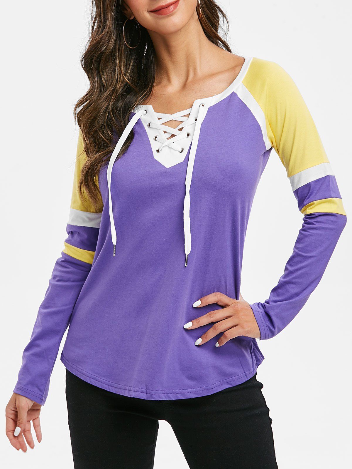 

Contrast Lace Up V Neck Tee, Purple
