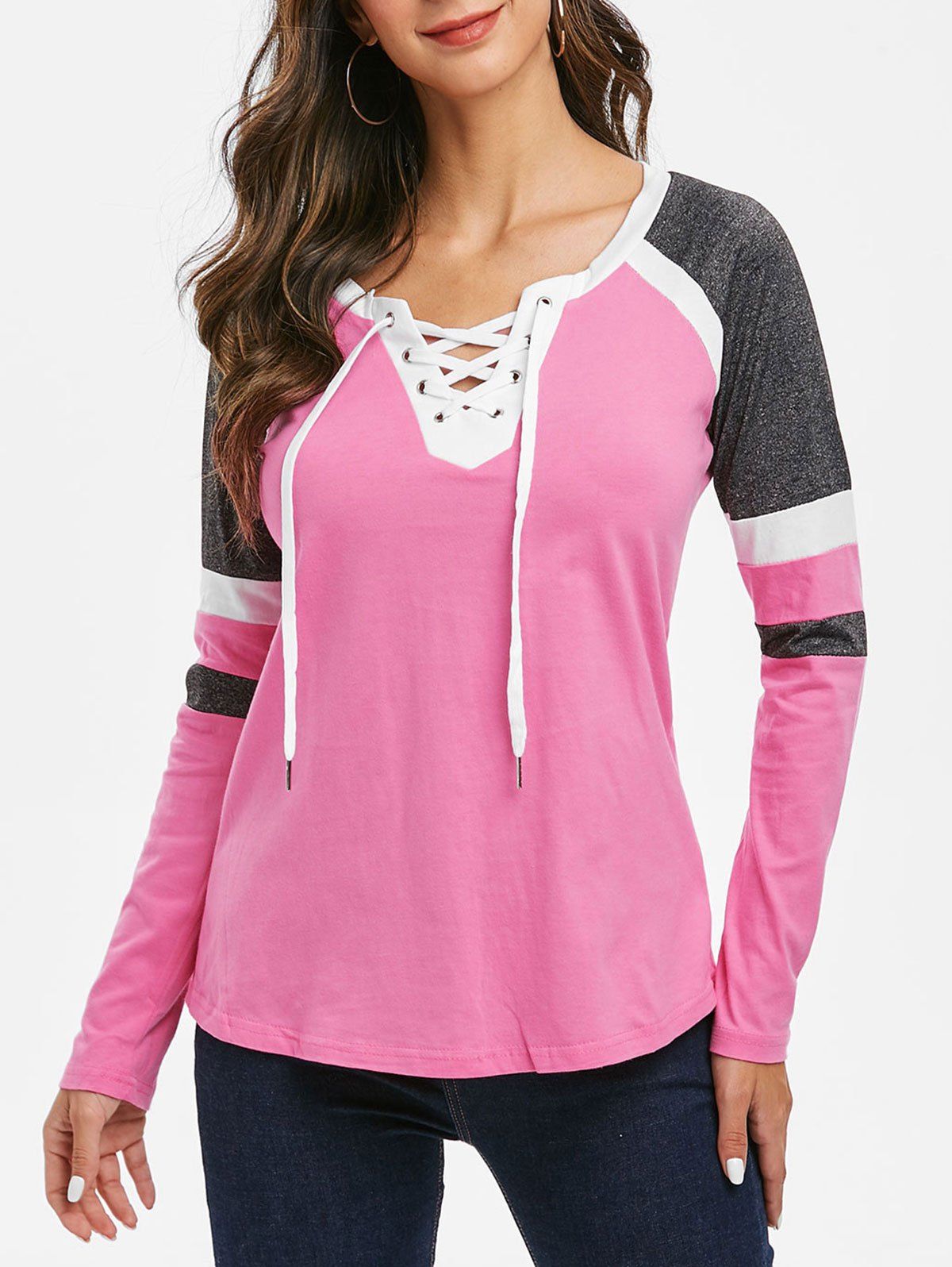 

Contrast Lace Up V Neck Tee, Pink