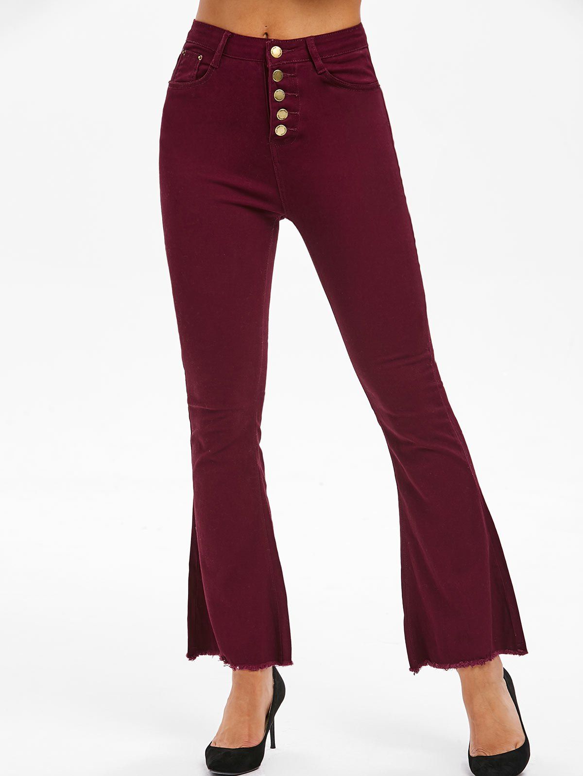 

High Waisted Frayed Boot Cut Pants, Red wine