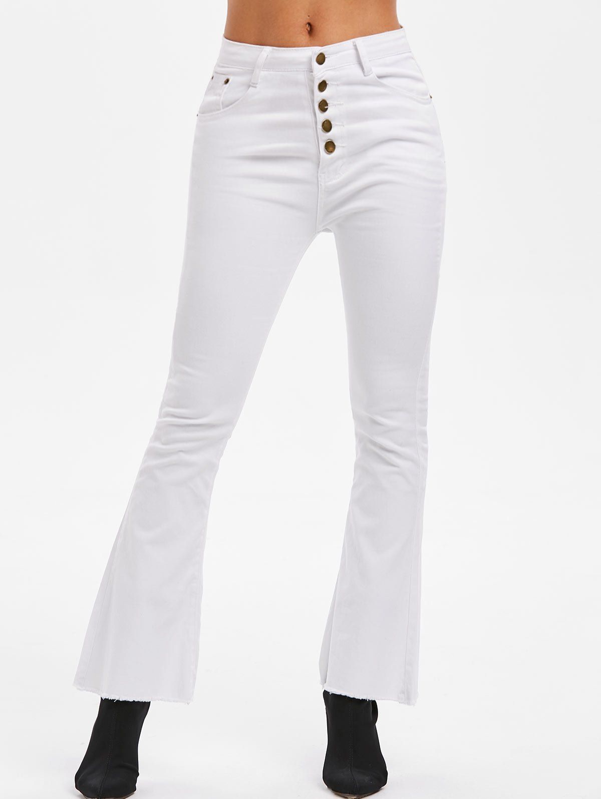 

High Waisted Frayed Boot Cut Pants, White