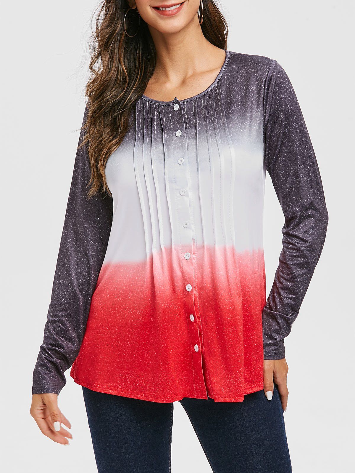 

Ombre Pleated Button Up Long Sleeve Top, Black