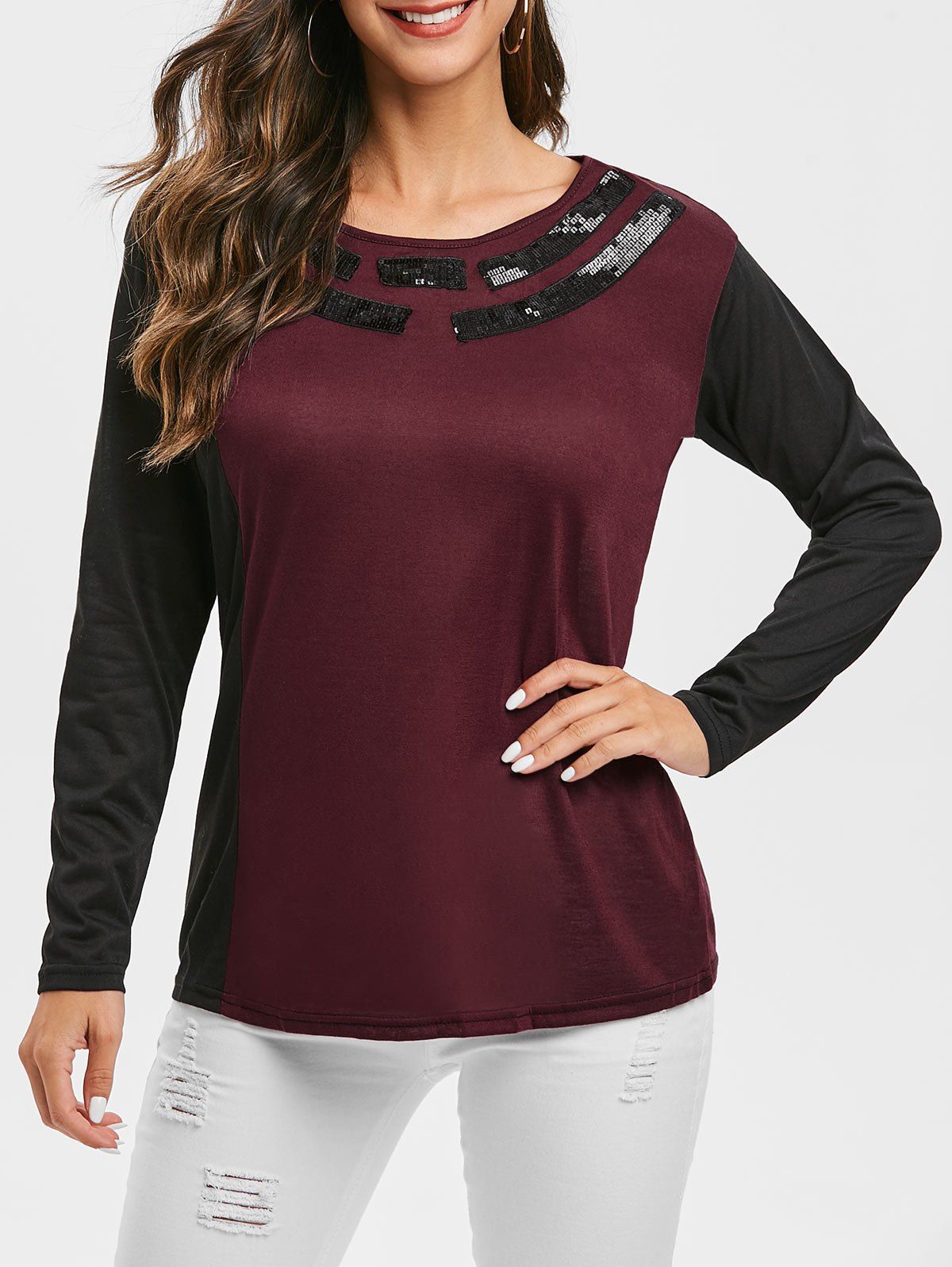 

Sequined Two Tone Round Neck Tee, Red wine