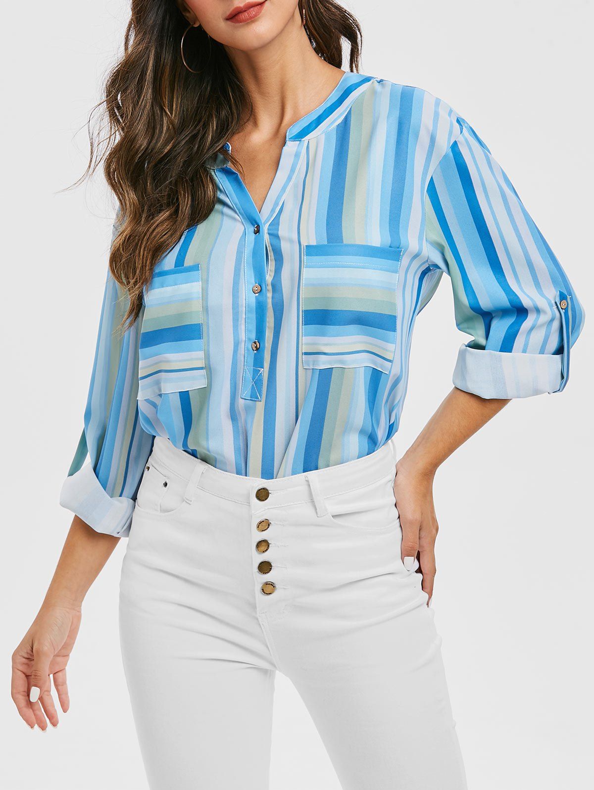 

Striped V Neck Pockets Longline Blouse, Blue