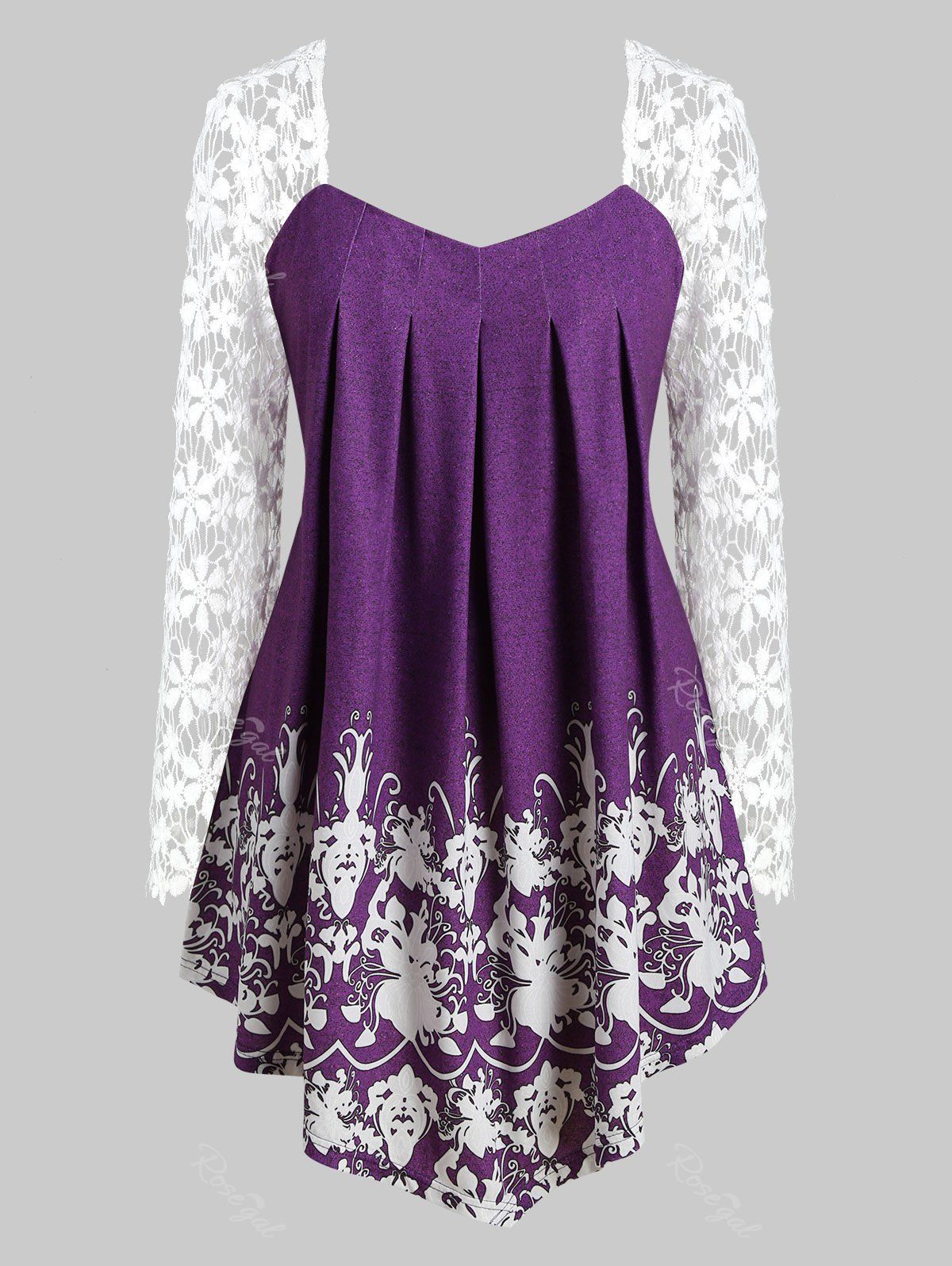 

Curved Hem Printed Lace Sleeve Plus Size Top, Purple