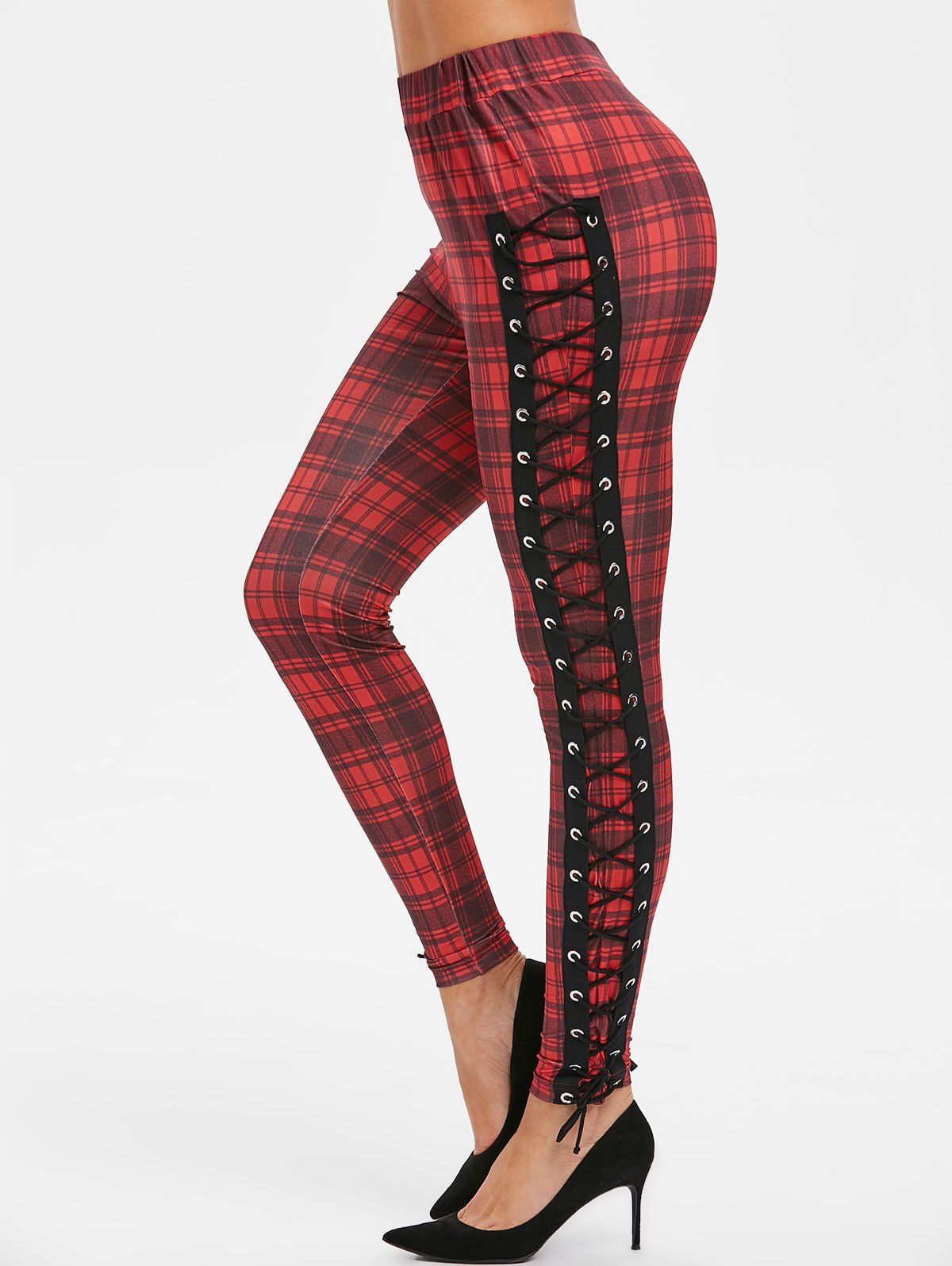 

High Waisted Plaid Side Lace-up Leggings, Red wine