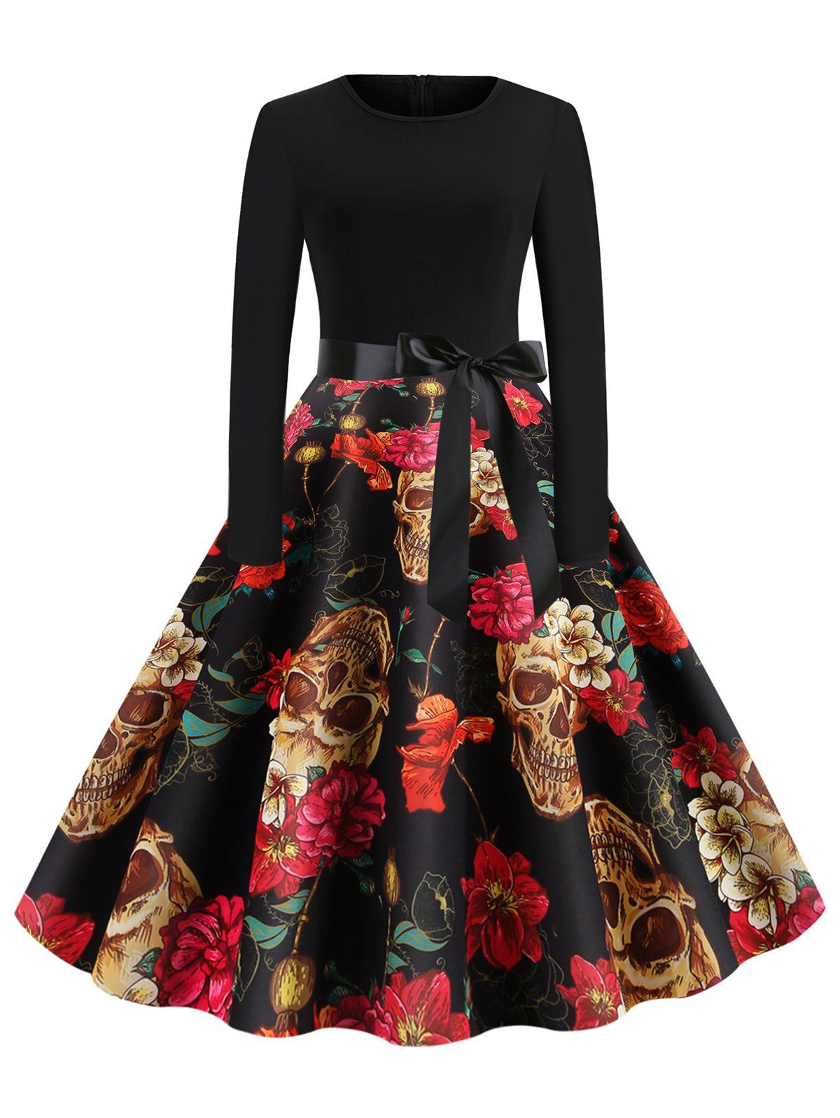 

Skull Floral Belted Round Neck Halloween Flare Dress, Multi-a