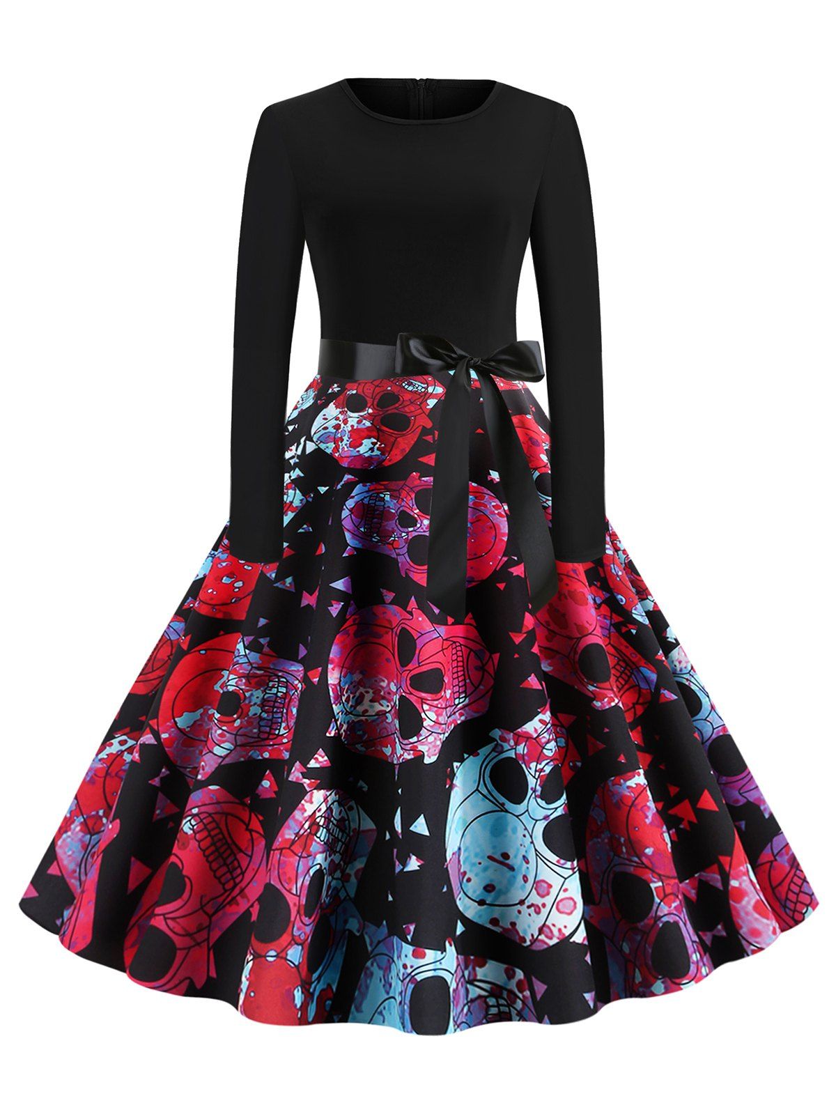 

Skull Floral Belted Round Neck Halloween Flare Dress, Multi-b