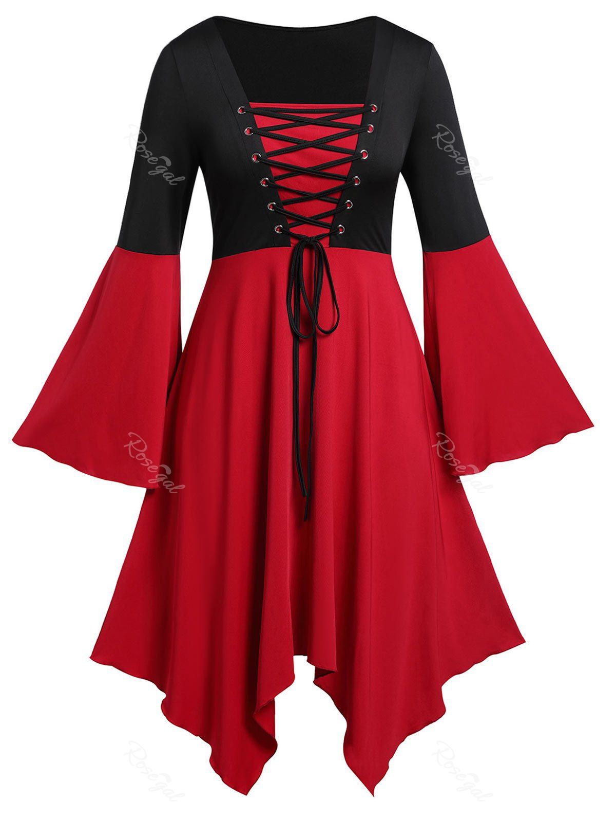 

Plus Size Lace Up Two Tone High Waist Vintage Dress, Multi