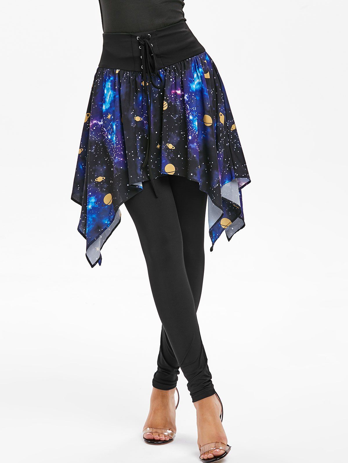 

Lace-up Galaxy Print Skirted Leggings, Black