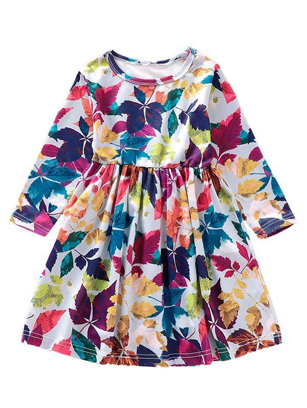

Girls Maple Leaf Print High Waist Long Sleeve Dress, White