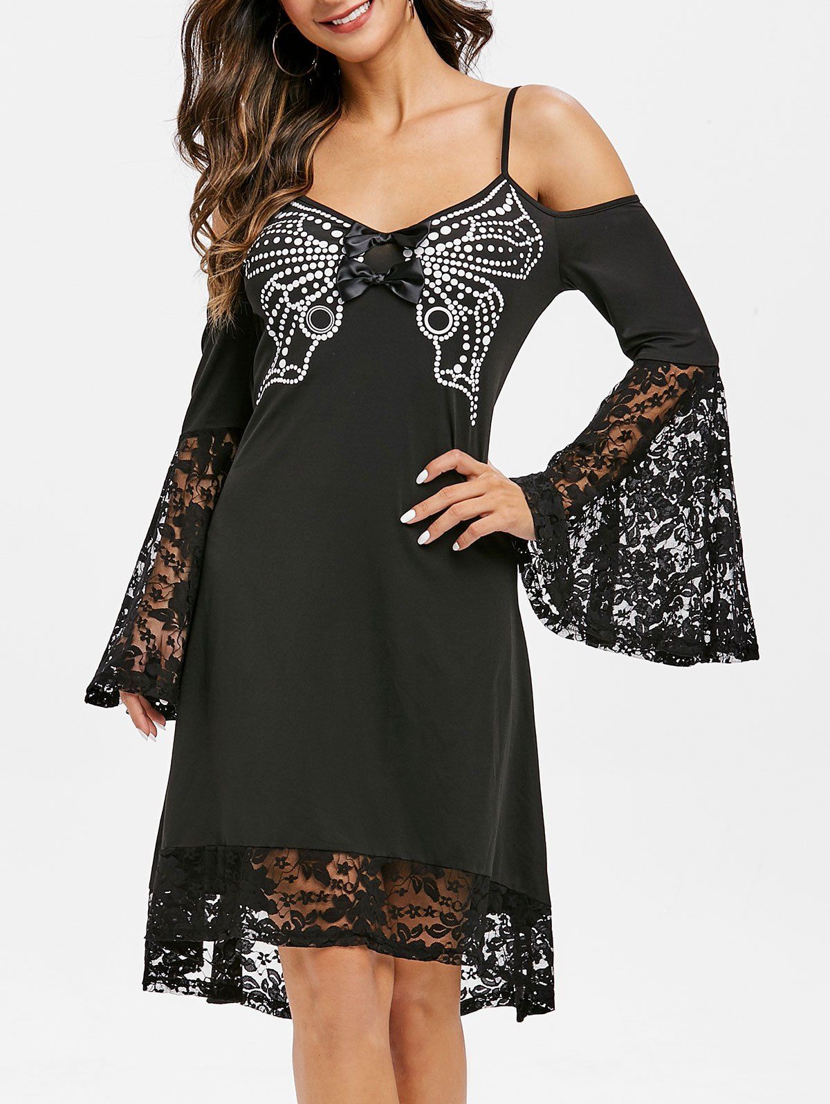 

Cold Shoulder Lace Insert Butterfly Print Dress, Black
