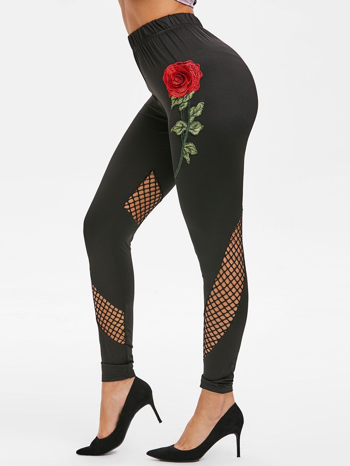 

High Rise Embroidered Fishnet Insert Leggings, Black