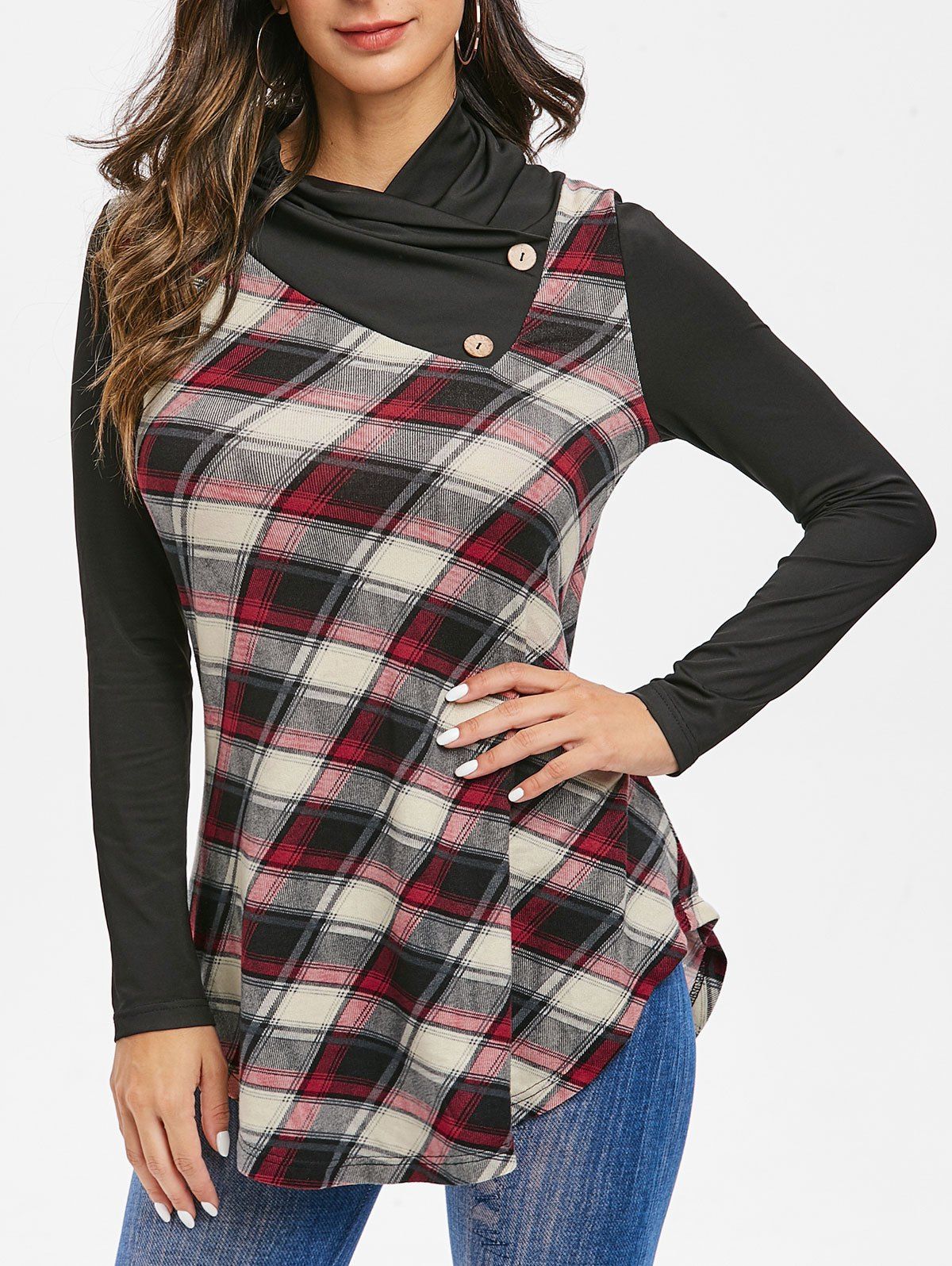 

Plaid Panel Tunic Cowl Collar T Shirt, Black
