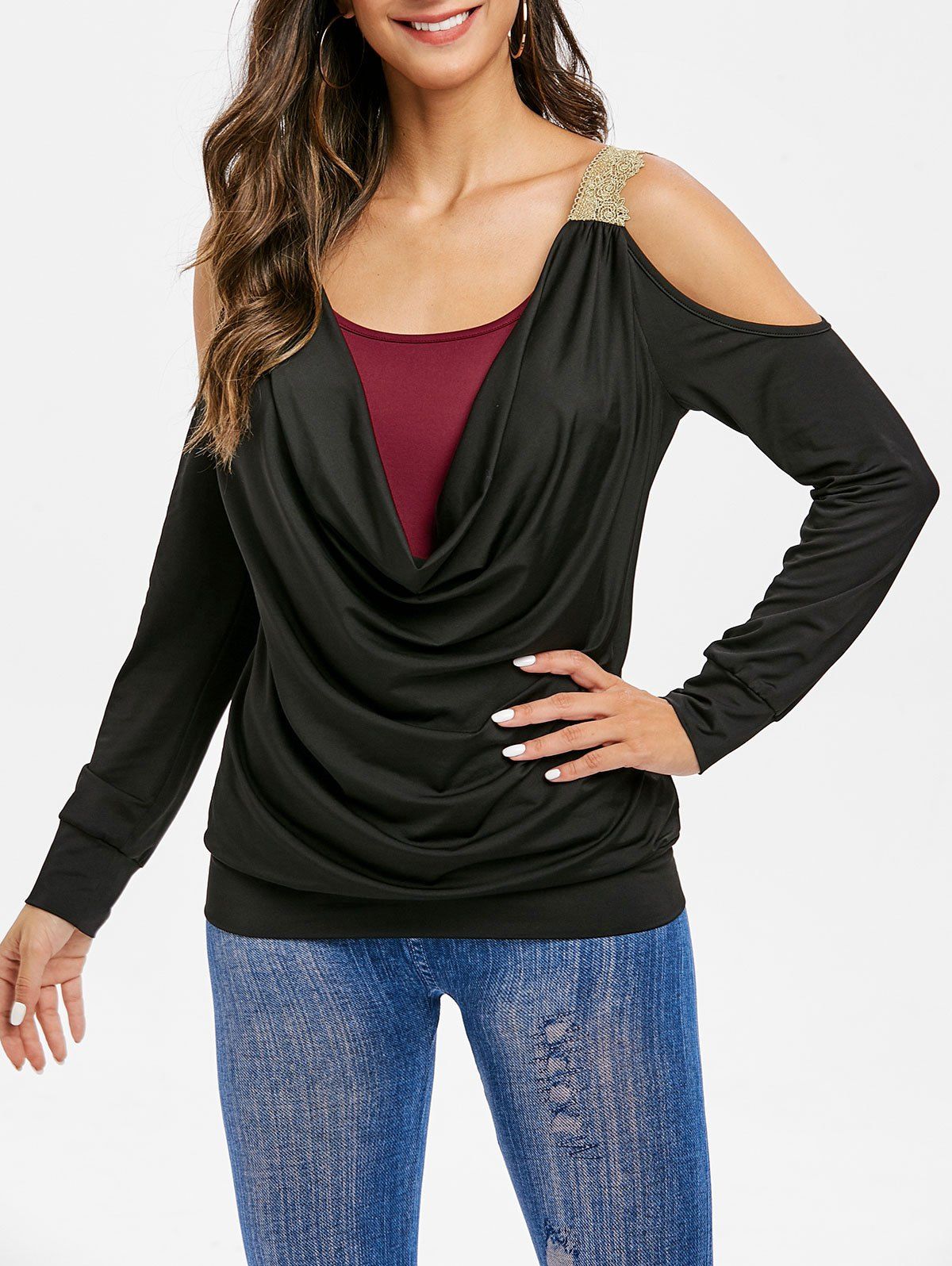 

Open Shoulder Color Block Cowl Neck T Shirt, Black