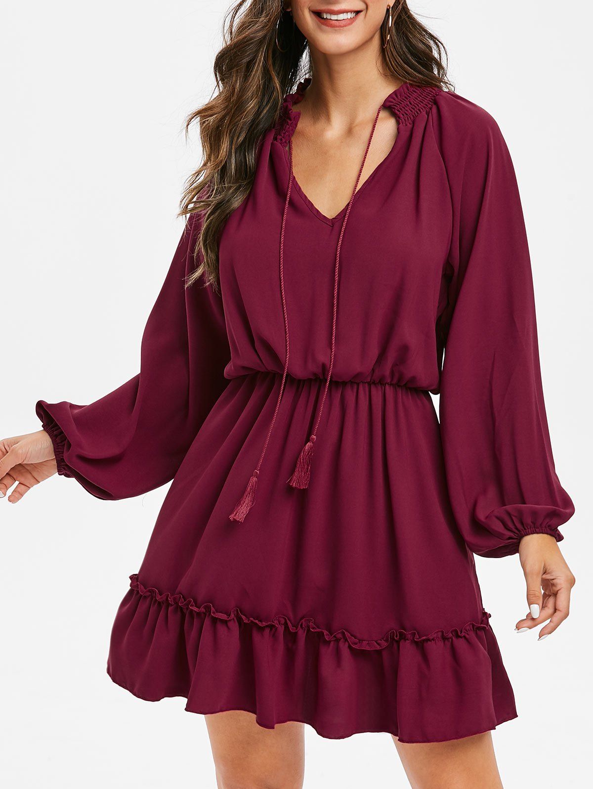 

V Neck Smocked Solid A Line Dress, Red wine