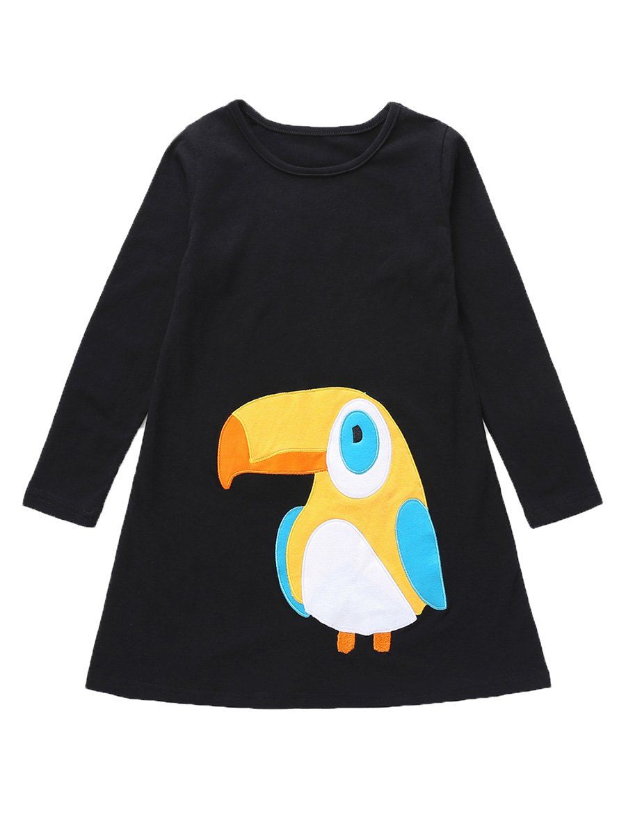 

Girls Parrot Graphic Midi Long Sleeve Dress, Black