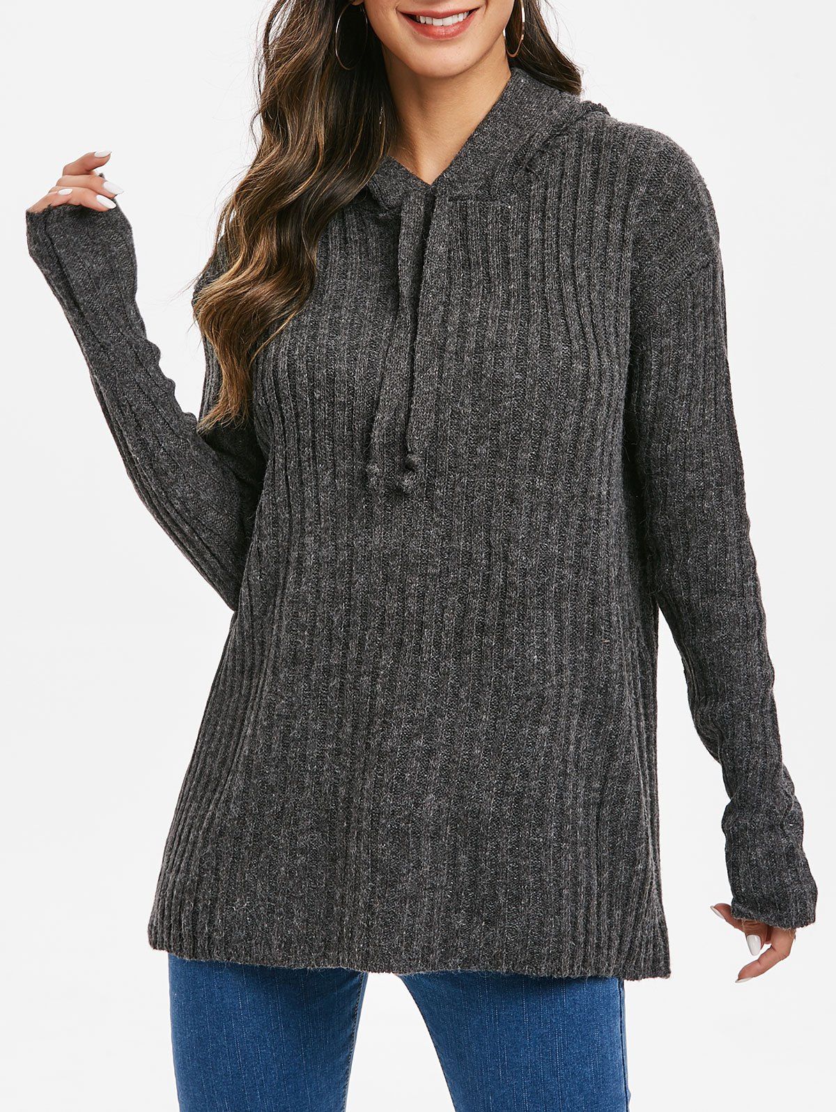 

Ribbed Solid Color Loose Fit Hooded Sweater, Carbon gray