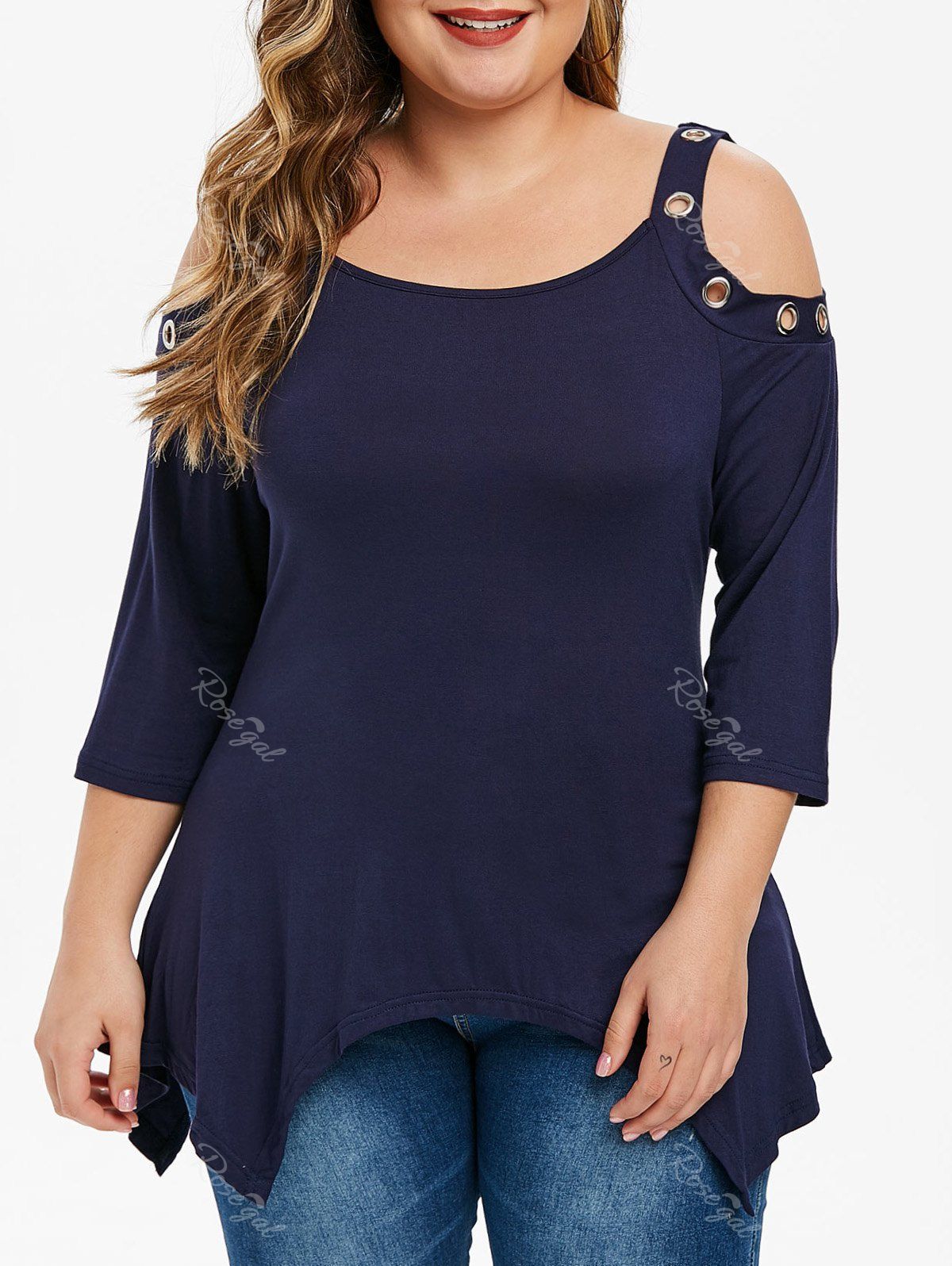 

Grommet Handkerchief Cold Shoulder Plus Size Top, Blue