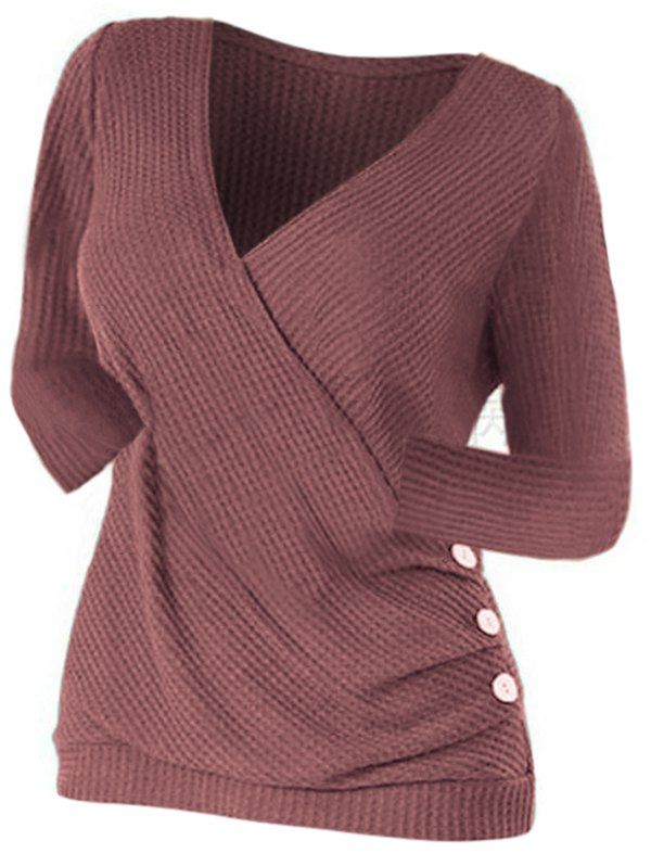 

Mock Button Ruched Surplice Knitwear, Lipstick pink