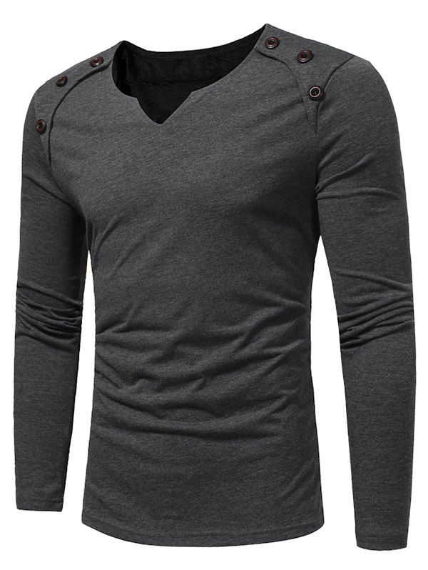

Notch Neck Solid Button Long Sleeve T-shirt, Dark gray
