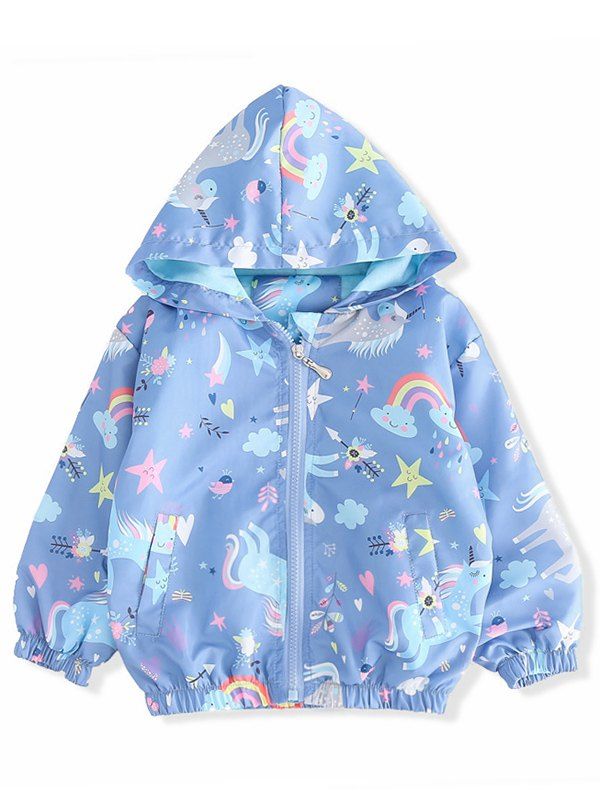 

Girls Unicorn Star Print Zip Up Hooded Jacket, Denim blue