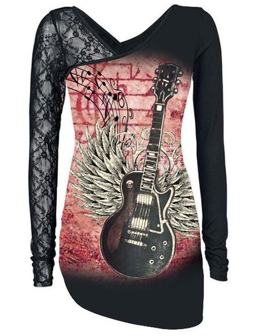 

Plus Size Asymmetric Ruched Musical Guitar Print T Shirt, Black