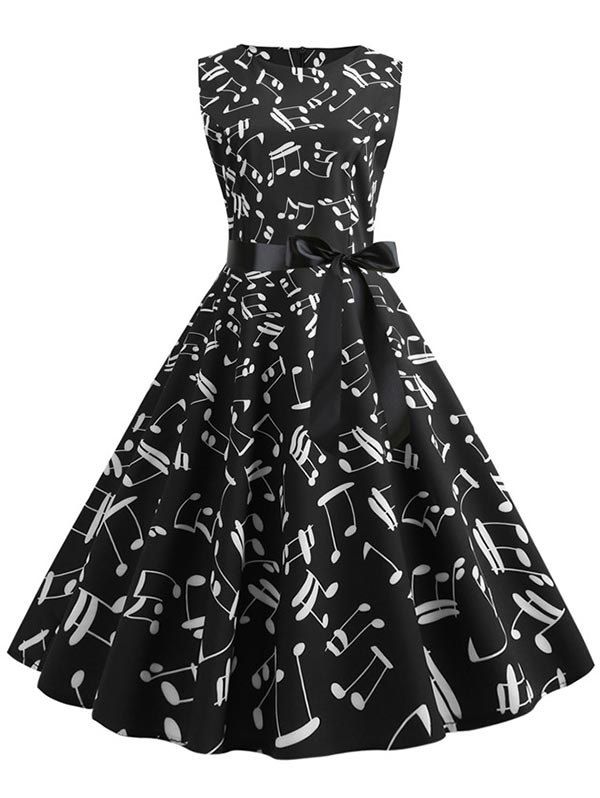 

Musical Notes Sleeveless Belted Round Neck Dress, Black