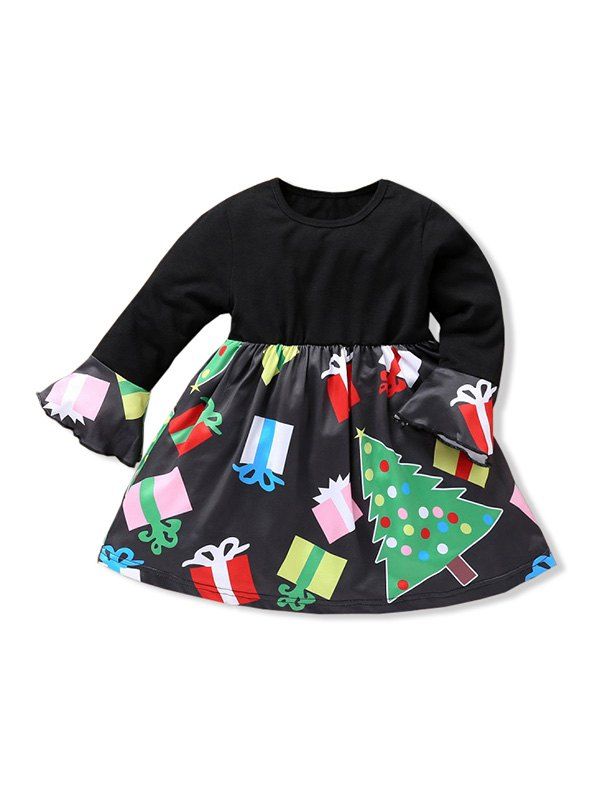 

Girls Christmas Tree Print Ruffled Sleeve A Line Dress, Black
