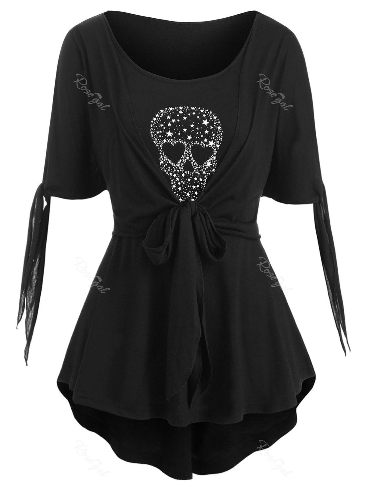 

Tie Sleeve High Low Skull Star Halloween Plus Size Top, Black