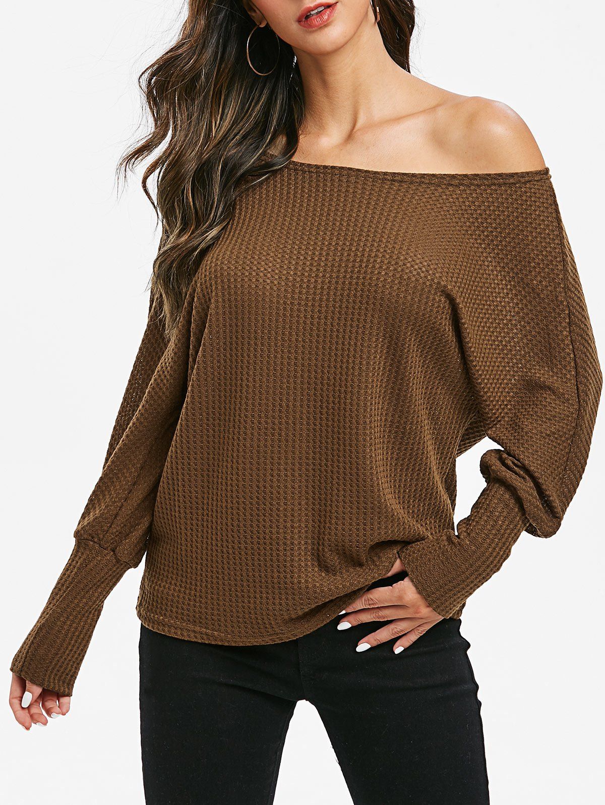 

Batwing Sleeve Skew Neck Tunic Top, Brown