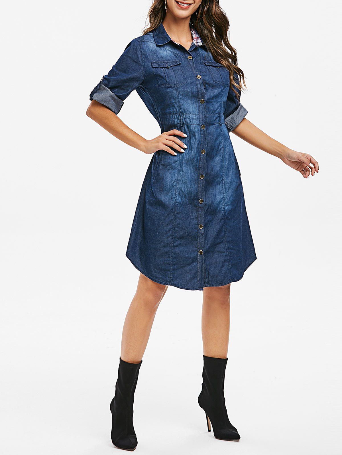 

Buttoned Pockets Curved Hem Chambray Dress, Denim blue