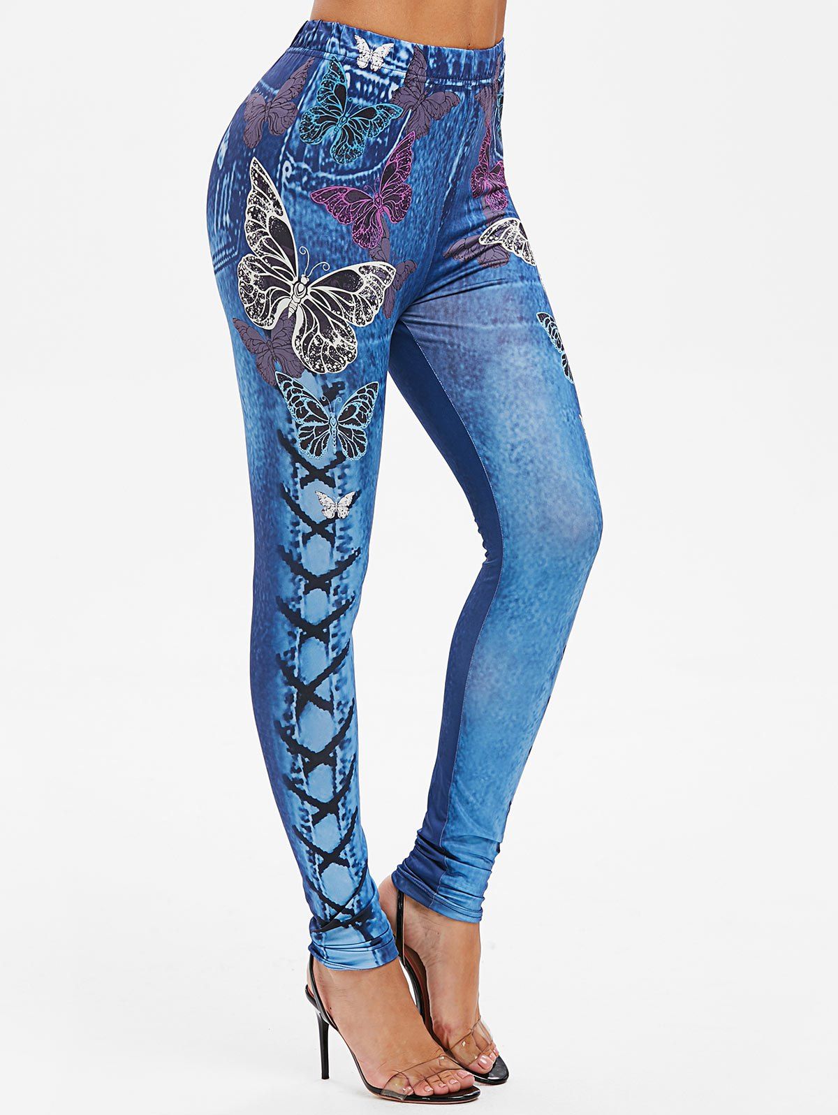 

High Rise Butterfly Print Jeggings, Denim blue
