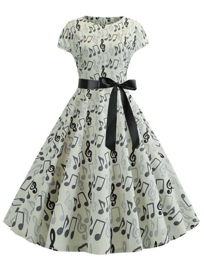 

Musical Notes Round Neck Belted A Line Dress, Beige