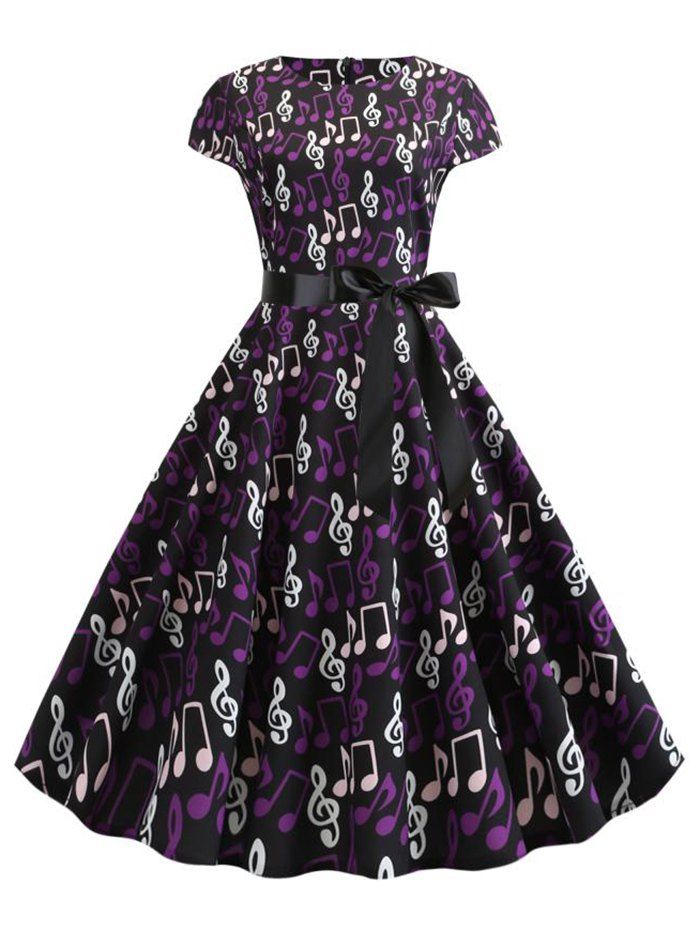 

Musical Notes Round Neck Belted A Line Dress, Black