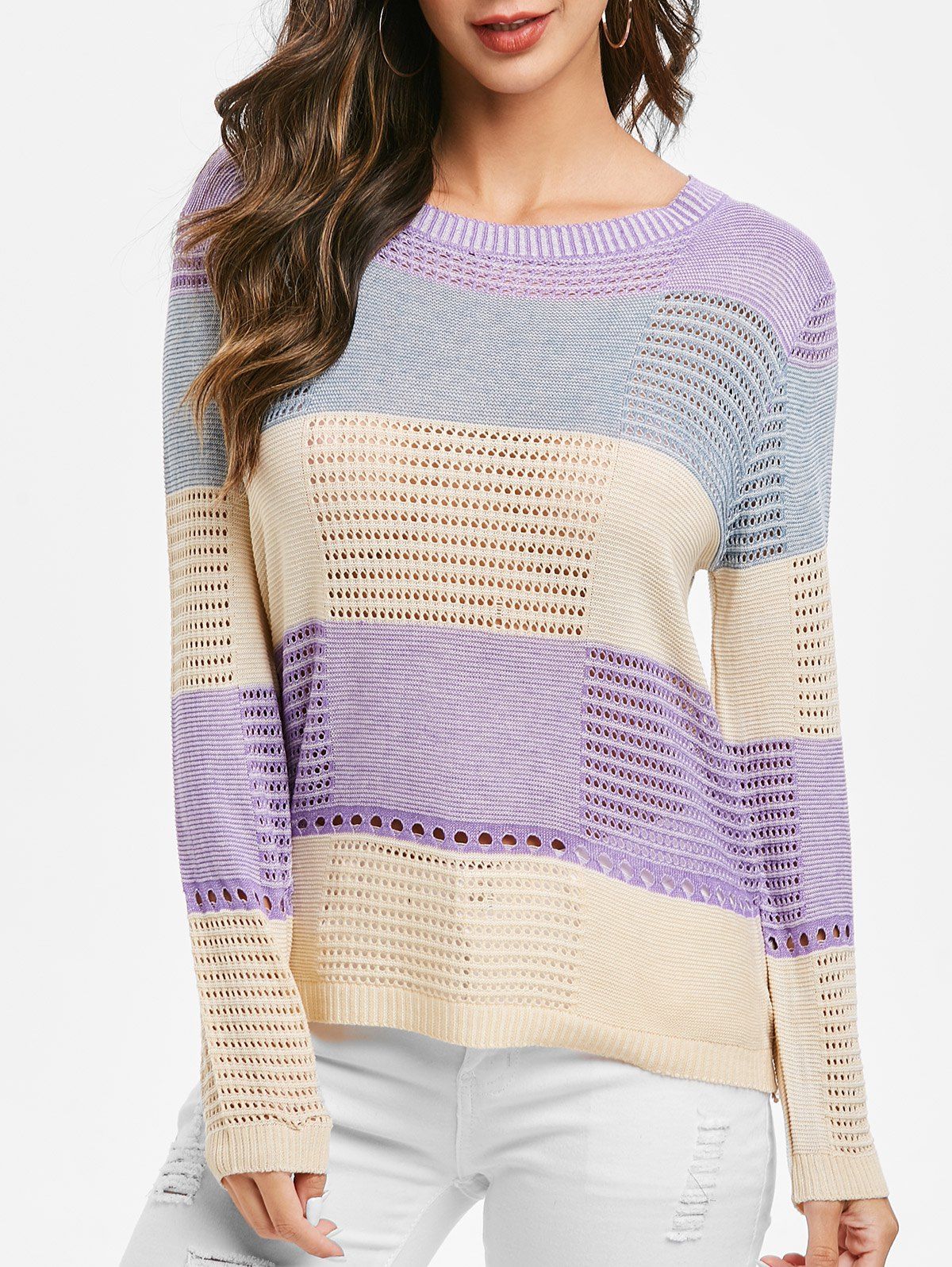 

Open Knit Colorblock Pullover Sweater, Multi