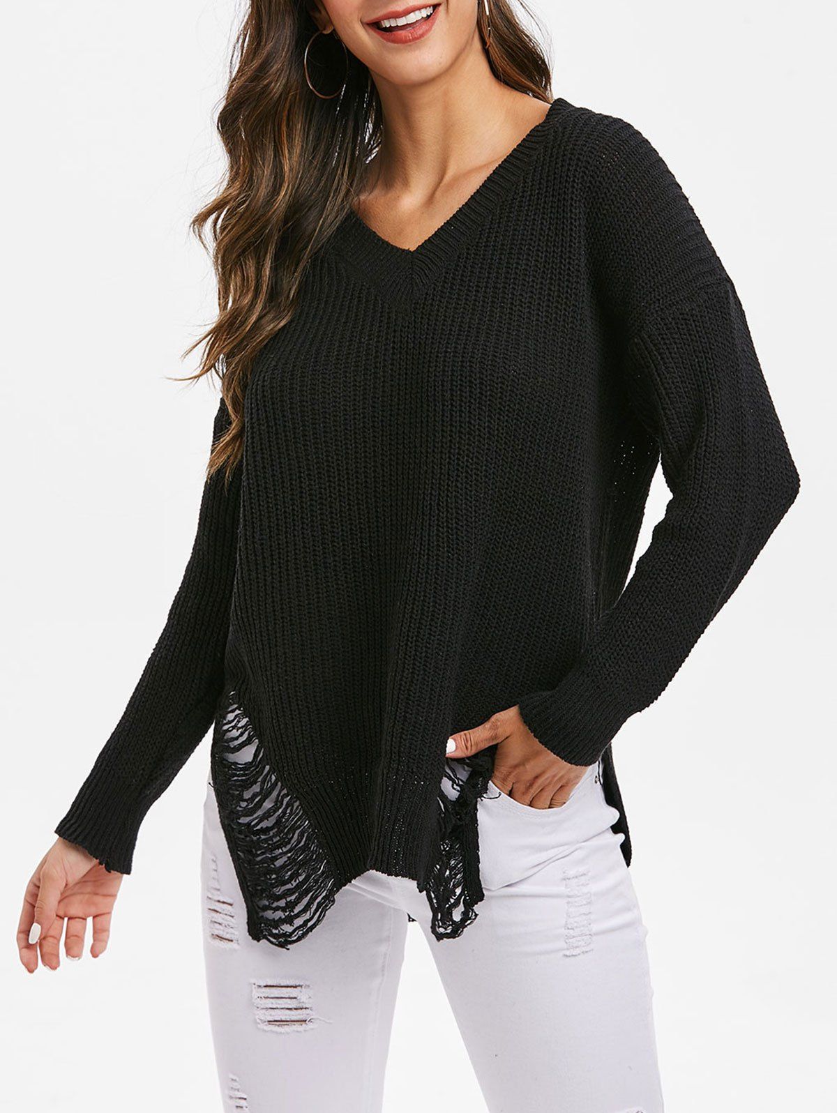 

V Neck Side Slit Distressed Sweater, Black
