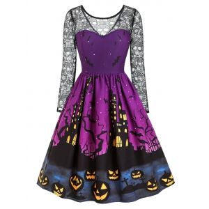 

Halloween Pumpkin Castle Print Lace Panel Dress, Multi