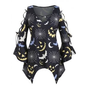 

Halloween Cobwebs Print Flare Sleeve Criss Cross Plus Size Top, Black