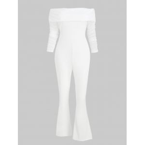 

Off Shoulder Mesh Panel Long Sleeves Jumpsuit, White